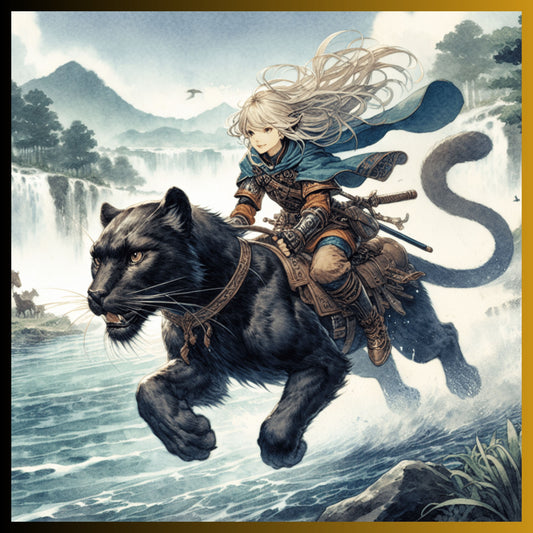 Fearless Anime Girl Warrior Riding a Black Panther Digital Print