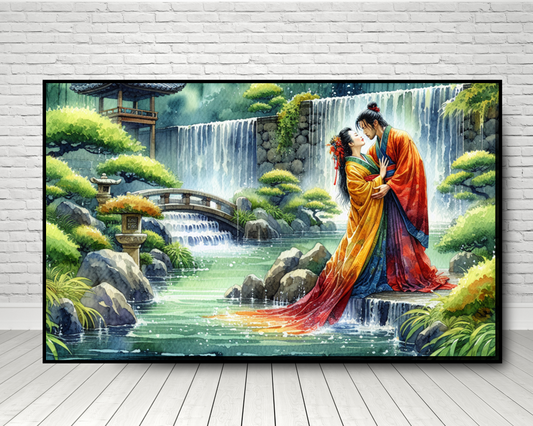 Watercolor painting. Couple in Zen Garden. Ideal Gift. Premium Matte Paper Wooden Framed Poster
